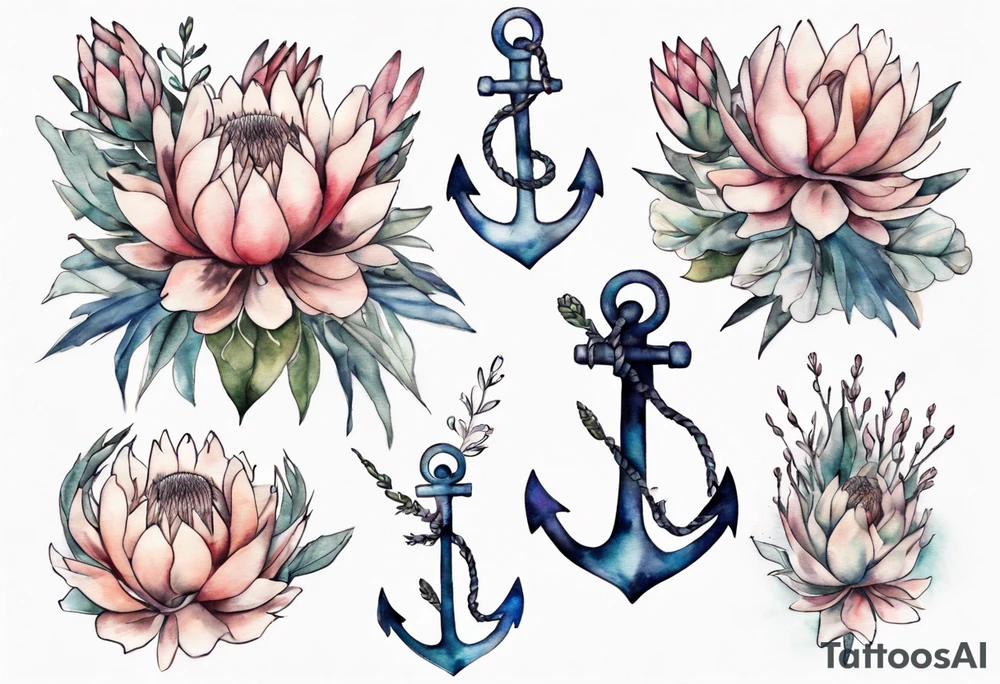 Very feminine tattoo of an anchor surrounded by 
protea flowers and the verse: God is within her, she will not fall. tattoo idea