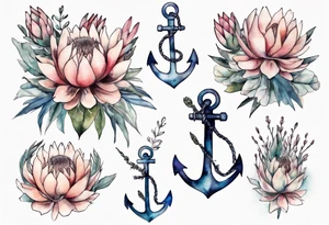 Very feminine tattoo of an anchor surrounded by 
protea flowers and the verse: God is within her, she will not fall. tattoo idea
