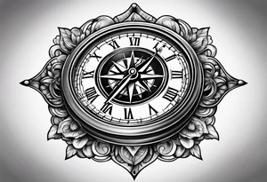 combination of a floating nautical compass and a old school clock face tattoo idea