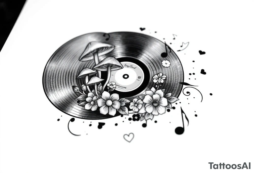 vinyl record with mushrooms, flowers, hearts, and music notes tattoo idea