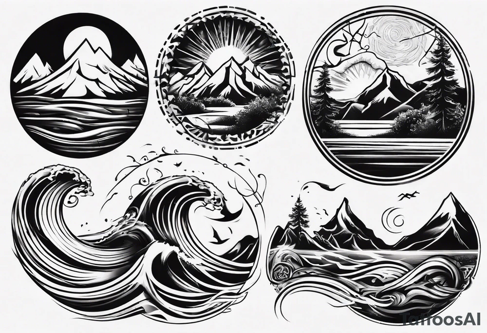 sleeve, mountains, waves, sun, trees tattoo idea