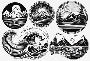 sleeve, mountains, waves, sun, trees tattoo idea