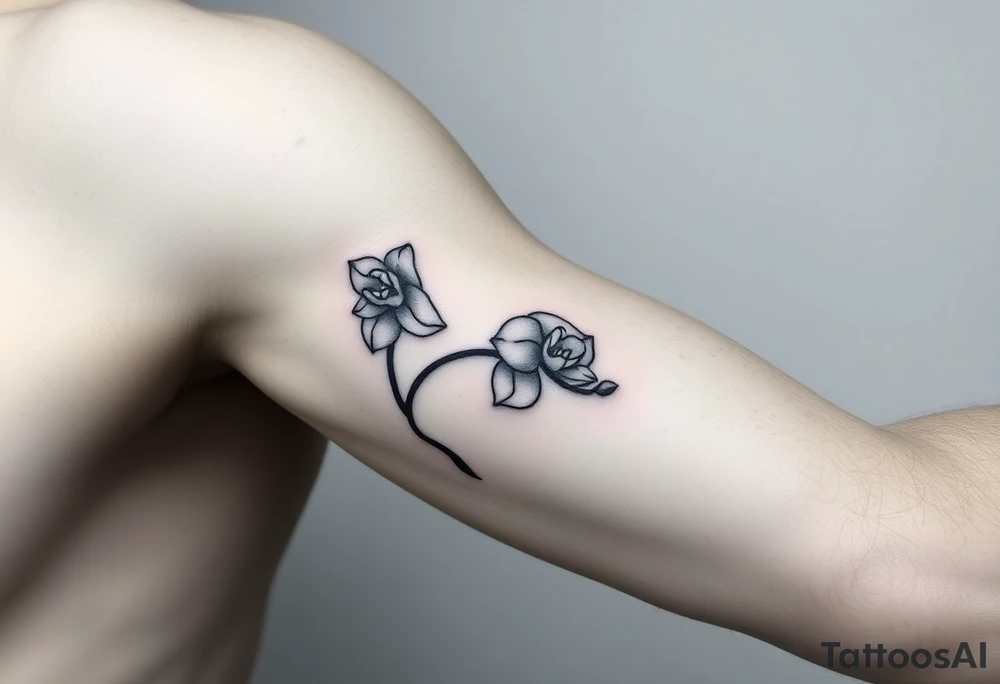 A delicate, black and white fine-line tattoo for make, featuring a gracefully detailed orchid stem with two flowers in full bloom, with soft, intricate petals and elegant curves tattoo idea