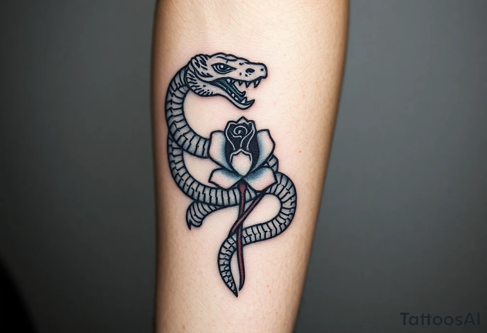 powerful majestic snake wrapped around rose stem tattoo idea