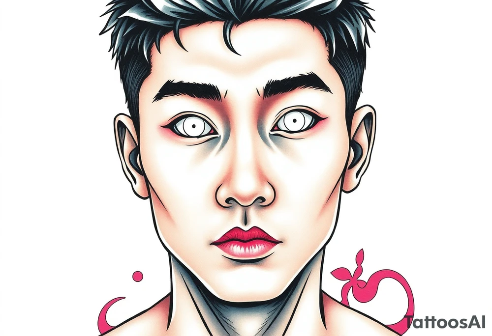 Handsome Asian young guy with white eyes tattoo idea