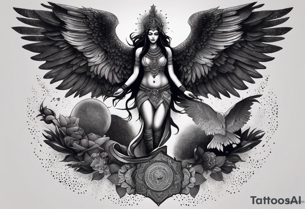 black kali, goddess pirate, alien, angel, pachamama, valkrye, warrior, flying, skull, lotus azul, wing, eagle, zenza resonance, stars, 5D, anahata chakra, death, durga, riding on a tiger, flying lady, kundalini, chest tatoo, samuri, rebel,serpent tattoo idea