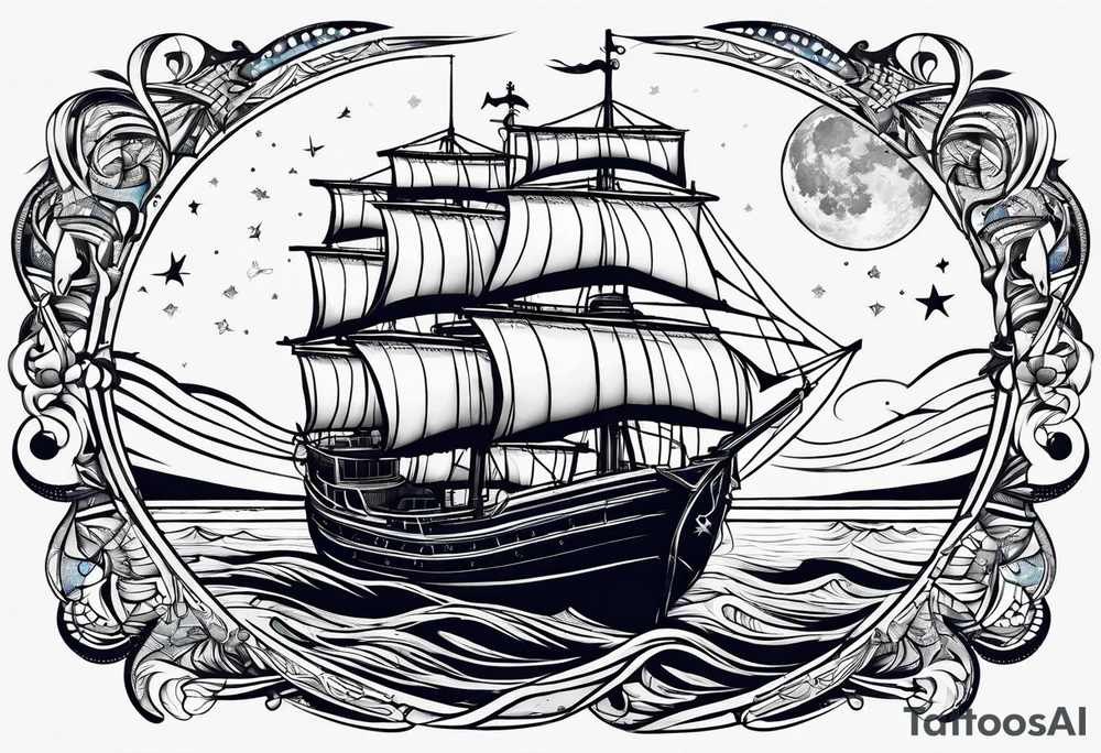 bateau, phare maritime et lune bleu tattoo idea