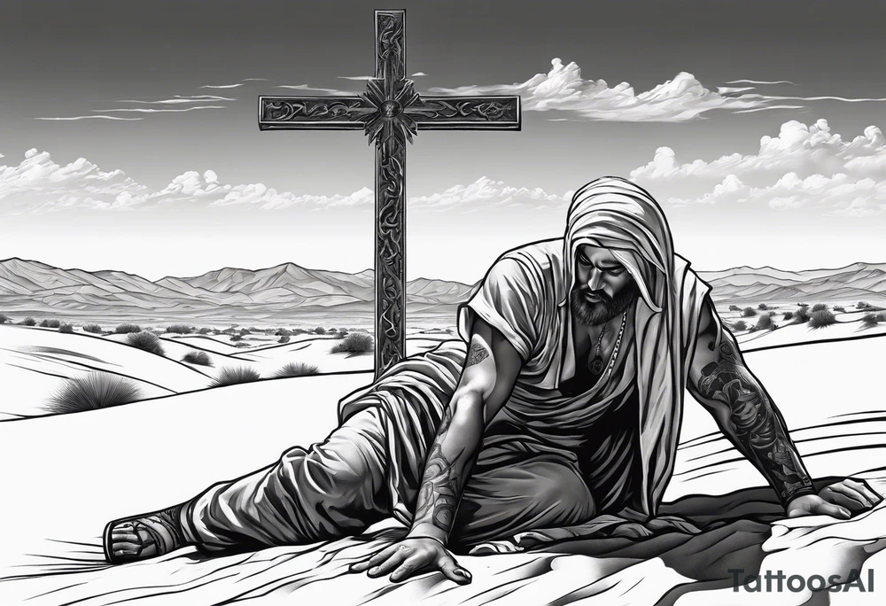man crawling in a desert toward the cross of Christ tattoo idea