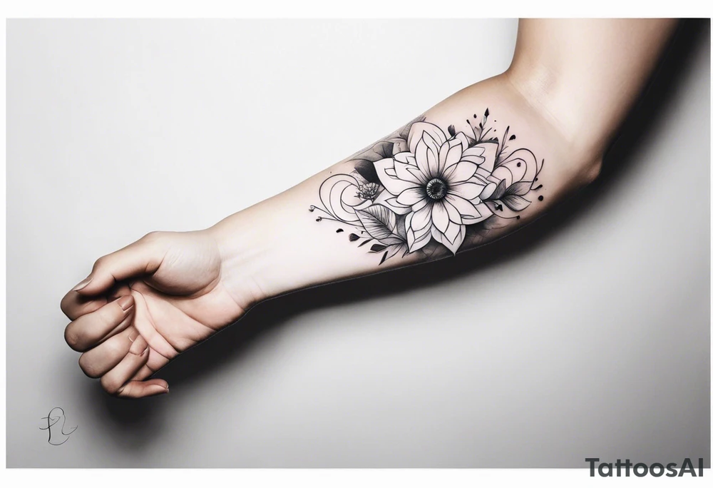 Ethereal, magic, clouds, sparkles, magic, flowers. The heart is positioned right below the elbow. The design will wrap around the forearm tattoo idea