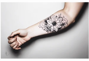 Ethereal, magic, clouds, sparkles, magic, flowers. The heart is positioned right below the elbow. The design will wrap around the forearm tattoo idea