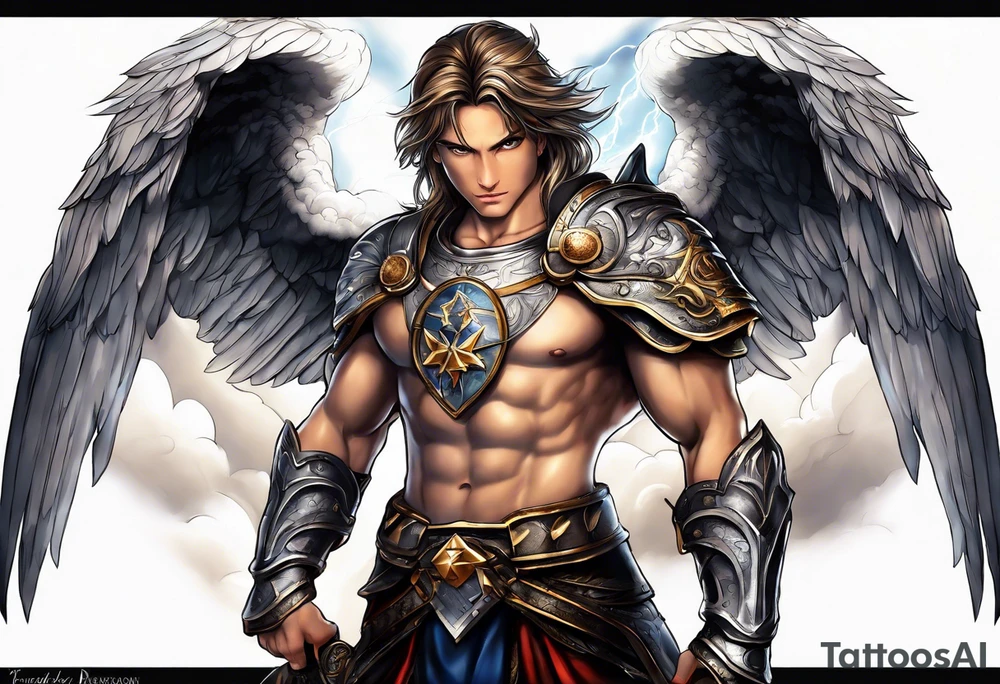 forearm sleeve of michael the archangel with clouds and lightning standing on rocks tattoo idea