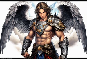 forearm sleeve of michael the archangel with clouds and lightning standing on rocks tattoo idea