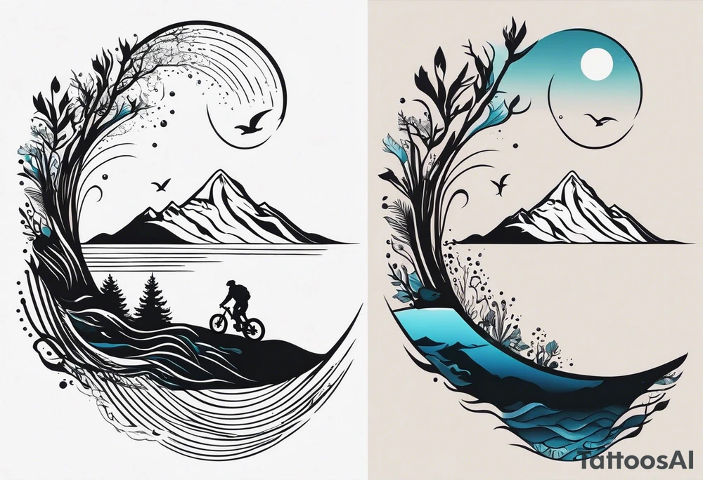This is a minimalistic tattoo that is split into 2 sections; a top half and a bottom half. The top half is a mountain in Norway with a mountain bike trail winding down the mountain. The bottom half of the tattoo depicts an underwater scene featuring water, and sea life. tattoo idea