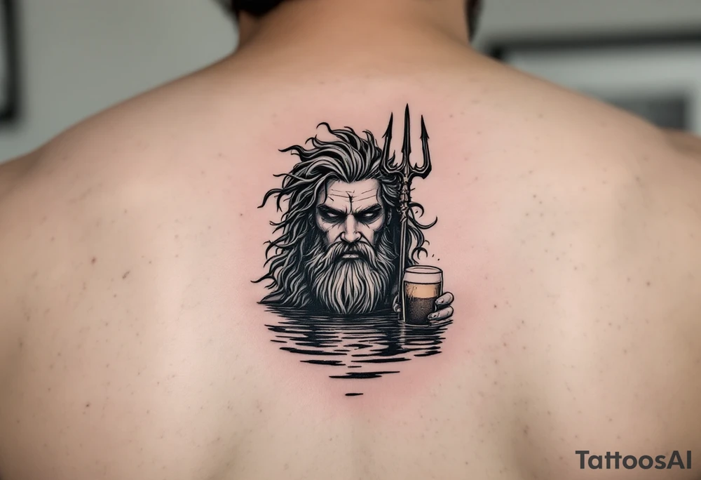 Drunk neptune with trident half way in calm water with a beer tattoo idea