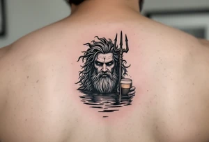 Drunk neptune with trident half way in calm water with a beer tattoo idea