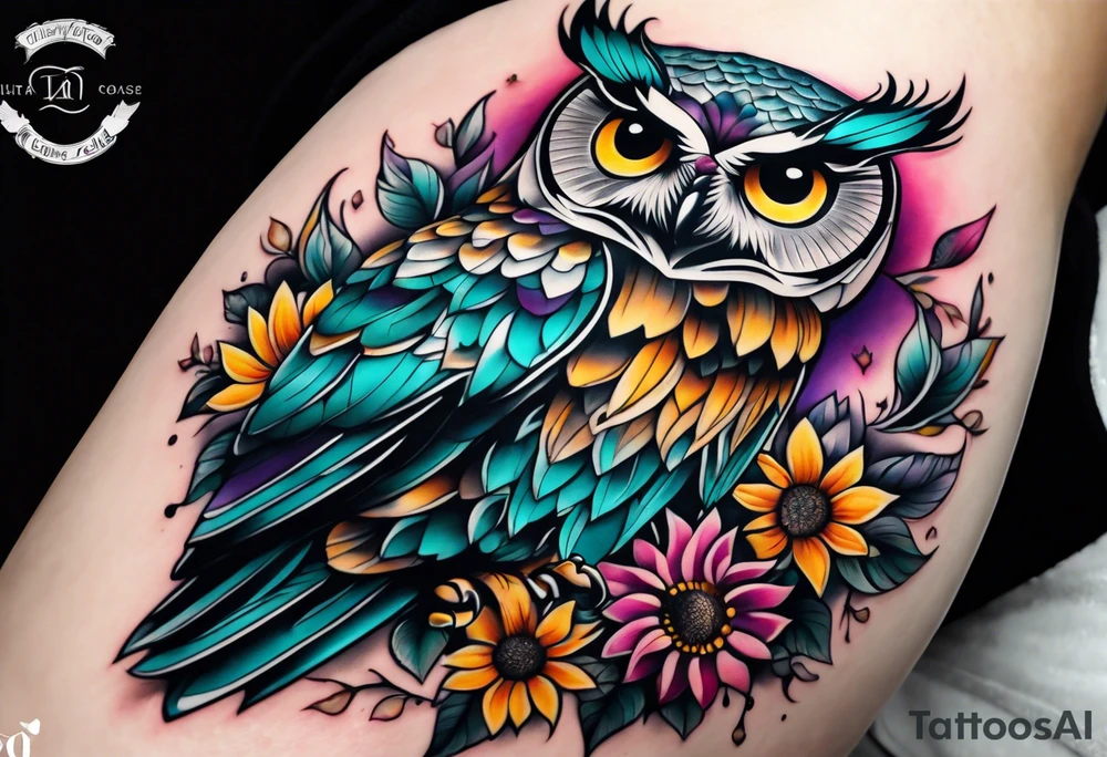 Leg Sleeve with black and white owl that's lightly shaded teal, pink and purple and yellow sunflowers tattoo idea