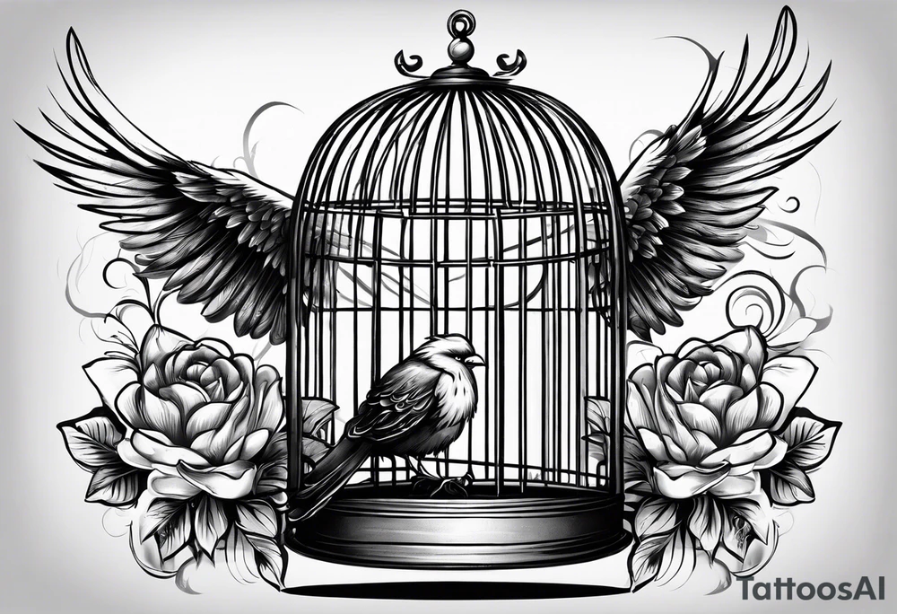 big bird in a long but too small cage for him. the bird seats in the cage and the wings of the bird passing threw the bars of the cage.
 Add decoration outside the cage like flowers or foliage tattoo idea