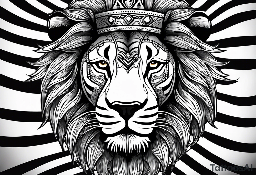 lion's face with a crown, two horizontal black stripes flanking the lion on either side, The overall style is bold and tribal-inspired, with clear, defined lines. tattoo idea