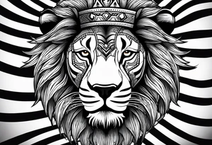 lion's face with a crown, two horizontal black stripes flanking the lion on either side, The overall style is bold and tribal-inspired, with clear, defined lines. tattoo idea