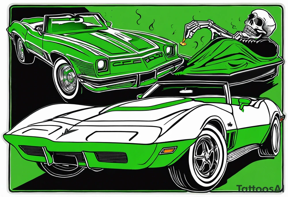 Skeleton smoking a cigarette driving a green 1976 convertible Corvette tattoo idea