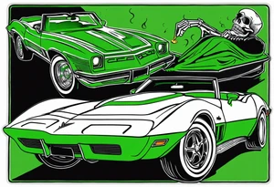 Skeleton smoking a cigarette driving a green 1976 convertible Corvette tattoo idea