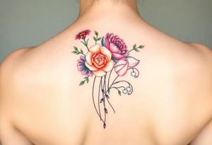 Small Bouquet of flowers starting upper middle back with long stems down spine with a aster, carnation, rose, Lily of the valley, larkspur with stems Starting upper middle back to right shoulder tattoo idea