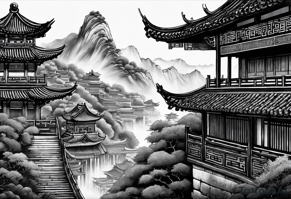 Chinese wall, realistic,chinese art, surroundings tattoo idea