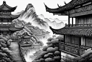 Chinese wall, realistic,chinese art, surroundings tattoo idea