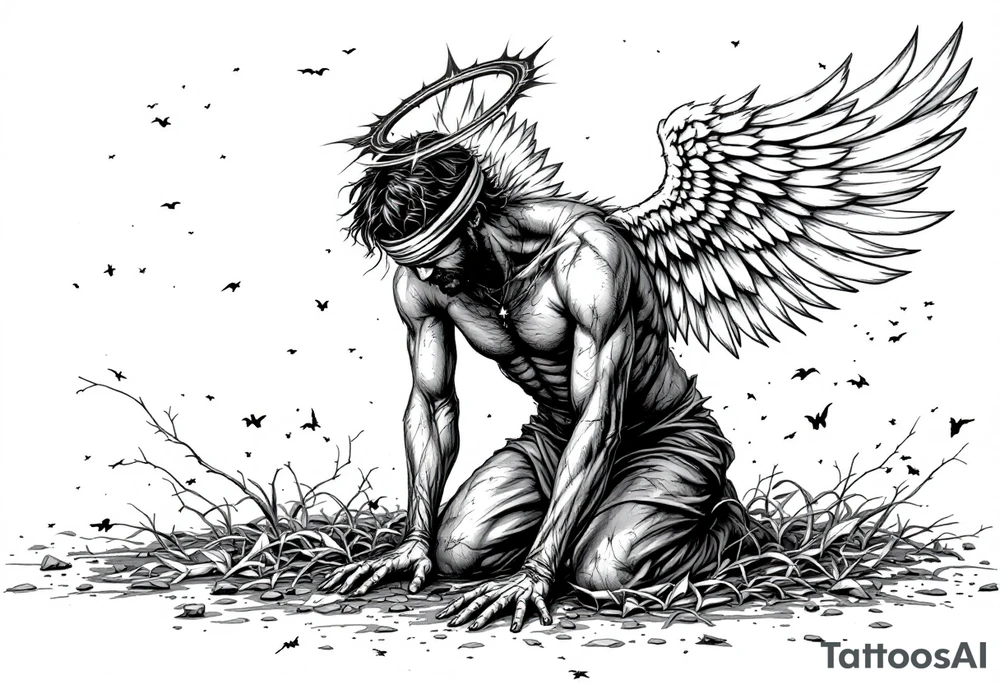 fallen angel on knees down head lookingground, 
Blindfold,
While his grateful half opened wings scattered in the sky,
With shining halo tattoo idea