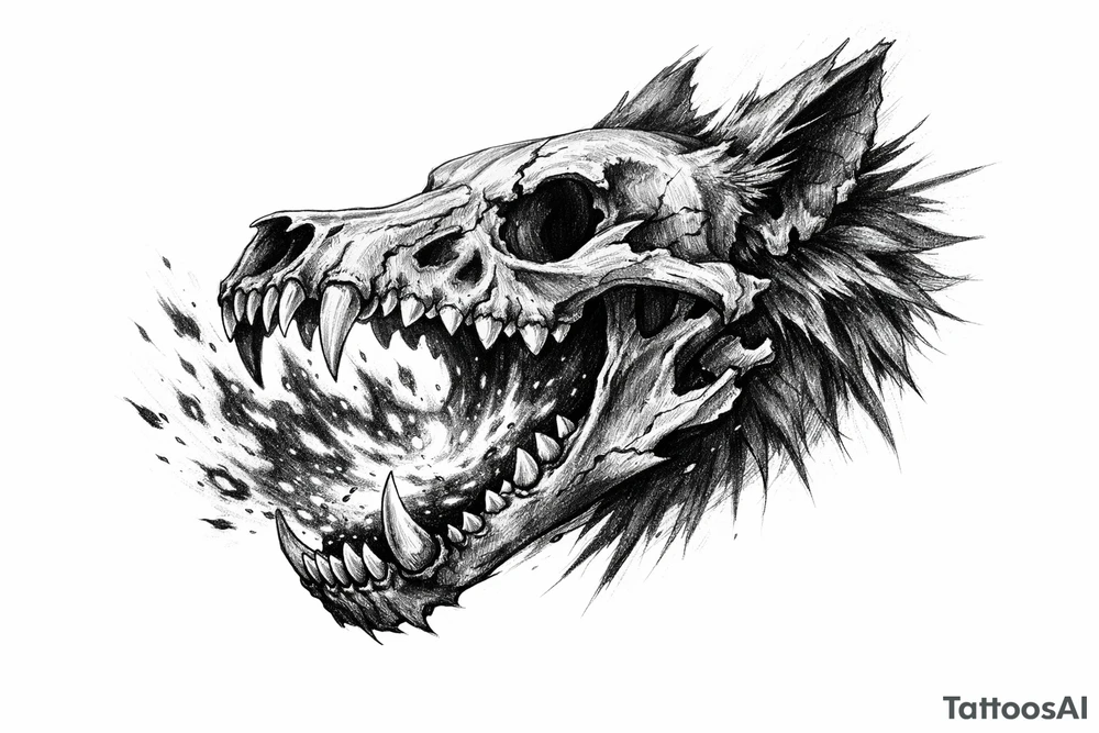 A skeletal wolf head with fiery embers rising from its jaws. tattoo idea