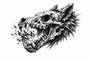 A skeletal wolf head with fiery embers rising from its jaws. tattoo idea
