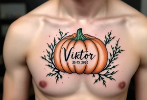 Viktor 30. 05. 2020 – A dark forest green and burnt orange pumpkin design, surrounding Viktor's birthdate, with black vine details for a spooky touch. tattoo idea