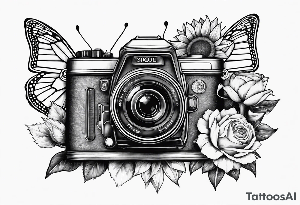 Butterfly, sunflower, camera, book, flower rose tattoo idea Butterfly, sunflower, camera, book, flower rose tattoo idea