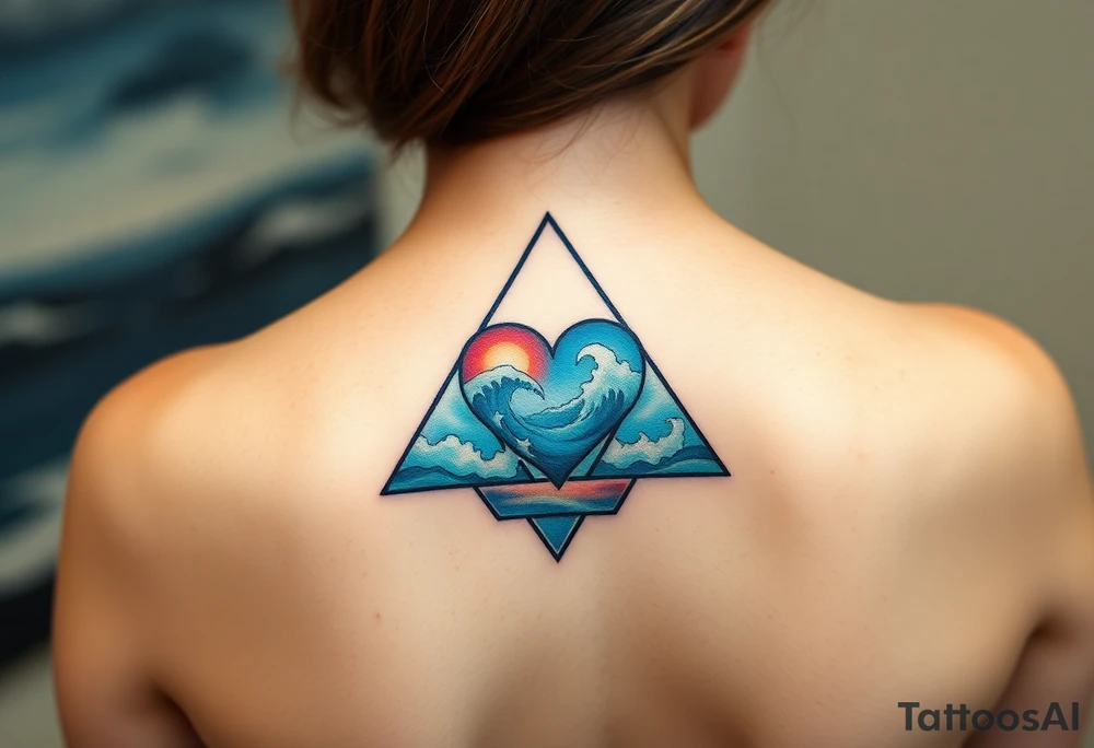 A triangle with a big heart in the center with an ocean travel theme tattoo idea