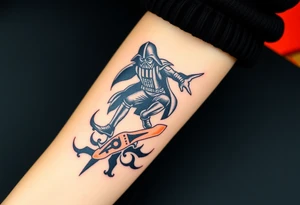 Darth Vader skateboarding with gun> bullets > memorial > god > colors > futuristic 
add name "Darth Carter" on skateboard
add date in loving memory 12/29/88-01/06/24 tattoo idea