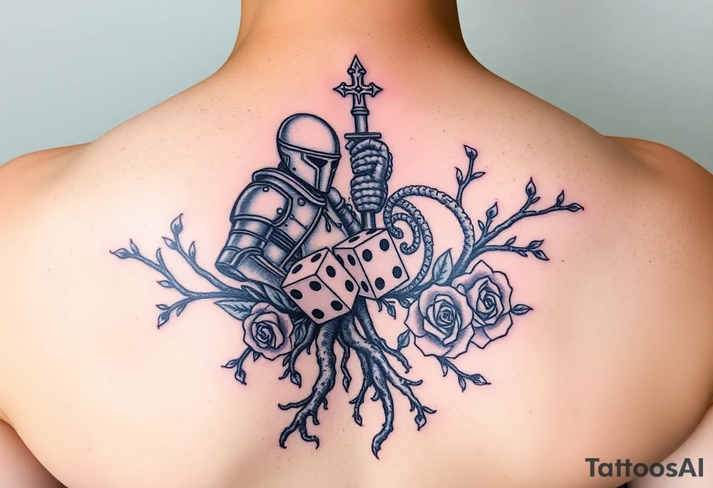 knight and squid intertwined with tree roots and roses rolling dice tattoo idea