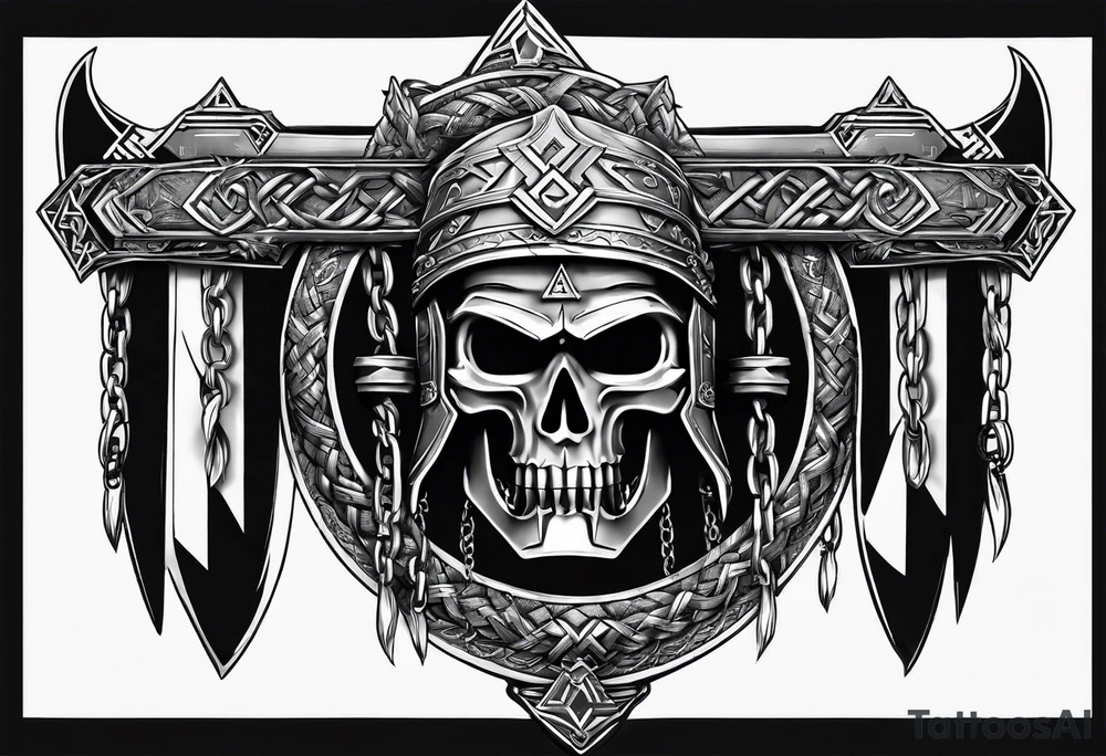 Valhalla sword shield axe Valknut chains tattoo idea