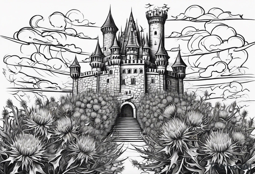 Thistles growing around a castle tower tattoo idea