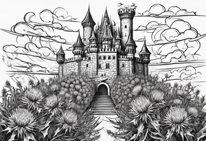 Thistles growing around a castle tower tattoo idea