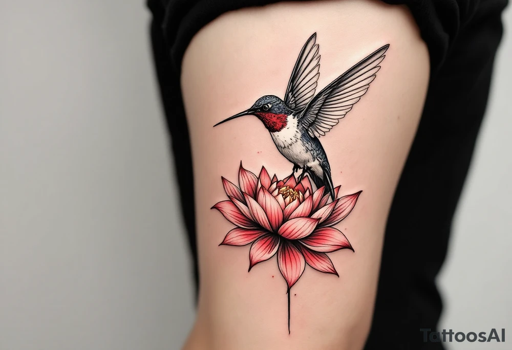 a hummingbird drinking from an egyptian lotus (red and black) tattoo idea