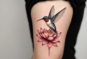a hummingbird drinking from an egyptian lotus (red and black) tattoo idea