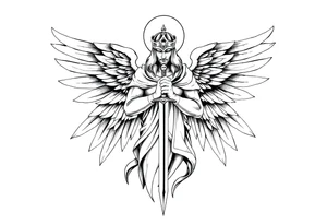 Holy Archangel, Biblical, Christianity, Hebrew, Guards of Christianity, Holding a sword, has six wings, wearing helmet, halo, seraphim tattoo idea