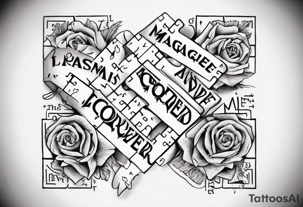 The words Maggie and Lucas and Love and Forever in a crossword puzzle tattoo idea