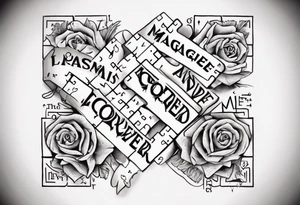 The words Maggie and Lucas and Love and Forever in a crossword puzzle tattoo idea