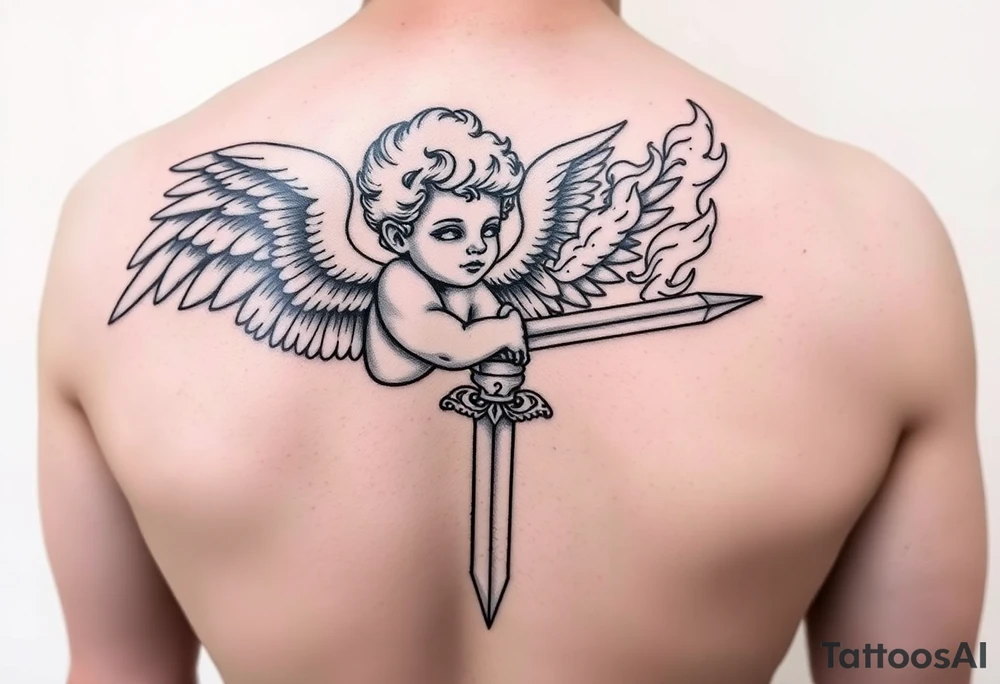 Cherub with flaming sword hand tattoo tattoo idea