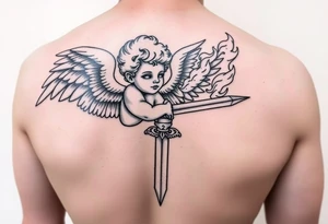 Cherub with flaming sword hand tattoo tattoo idea