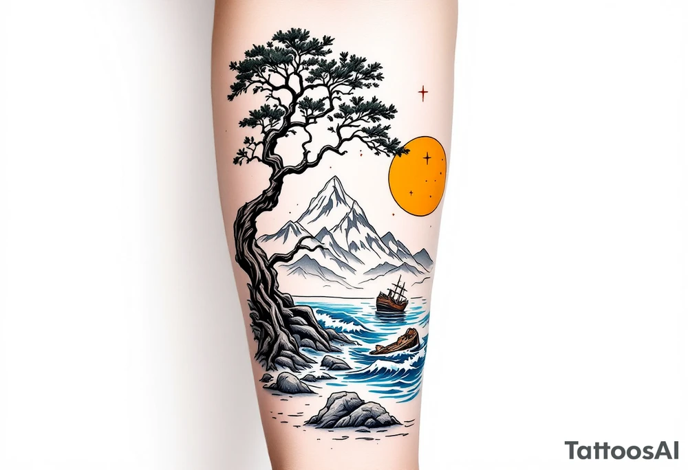 a forearm tattoo that has an acacia tree with mountains, ocean with a ship wreck tattoo idea