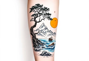a forearm tattoo that has an acacia tree with mountains, ocean with a ship wreck tattoo idea