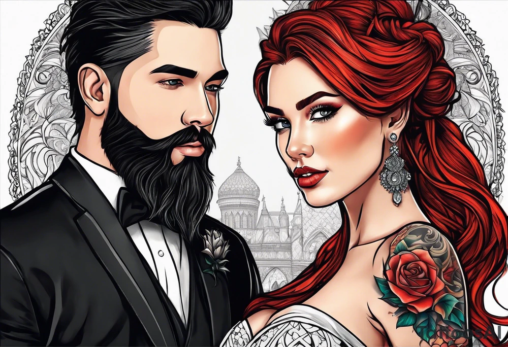 Busty red haired woman with a bearded man who has black hair getting married tattoo idea
