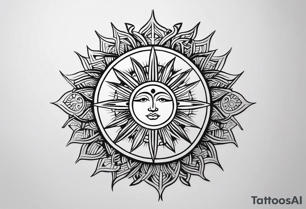 a mixture of minimalist/fine line/tribal tattoo design that is mainly minimalist with fine lines. unique Design of the sun that resembles a connection to the sun. It further resembles the sun's energy. Make it simple to draw and focus on the rays of sunshine
unique shape tattoo idea